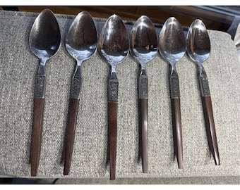 Ekco Eterna Stainless Steel Spoons Set of 6 Faux Wood Handle Mid Century Modern