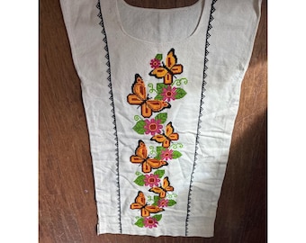 Vestido túnica Huipil vintage, mariposa floral punto de cruz, color crema, sin mangas