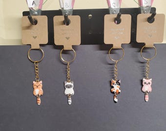 May include: Four keychains with different cat designs. Each keychain features a gold chain and a round metal ring. The cats are orange, white, calico, and pink. The keychains are hanging from brown cards with text that reads "Hang in there, kitty cat", "Hang on, you've got this", "It's crazy, but I love it", and "I'll always be there for you".