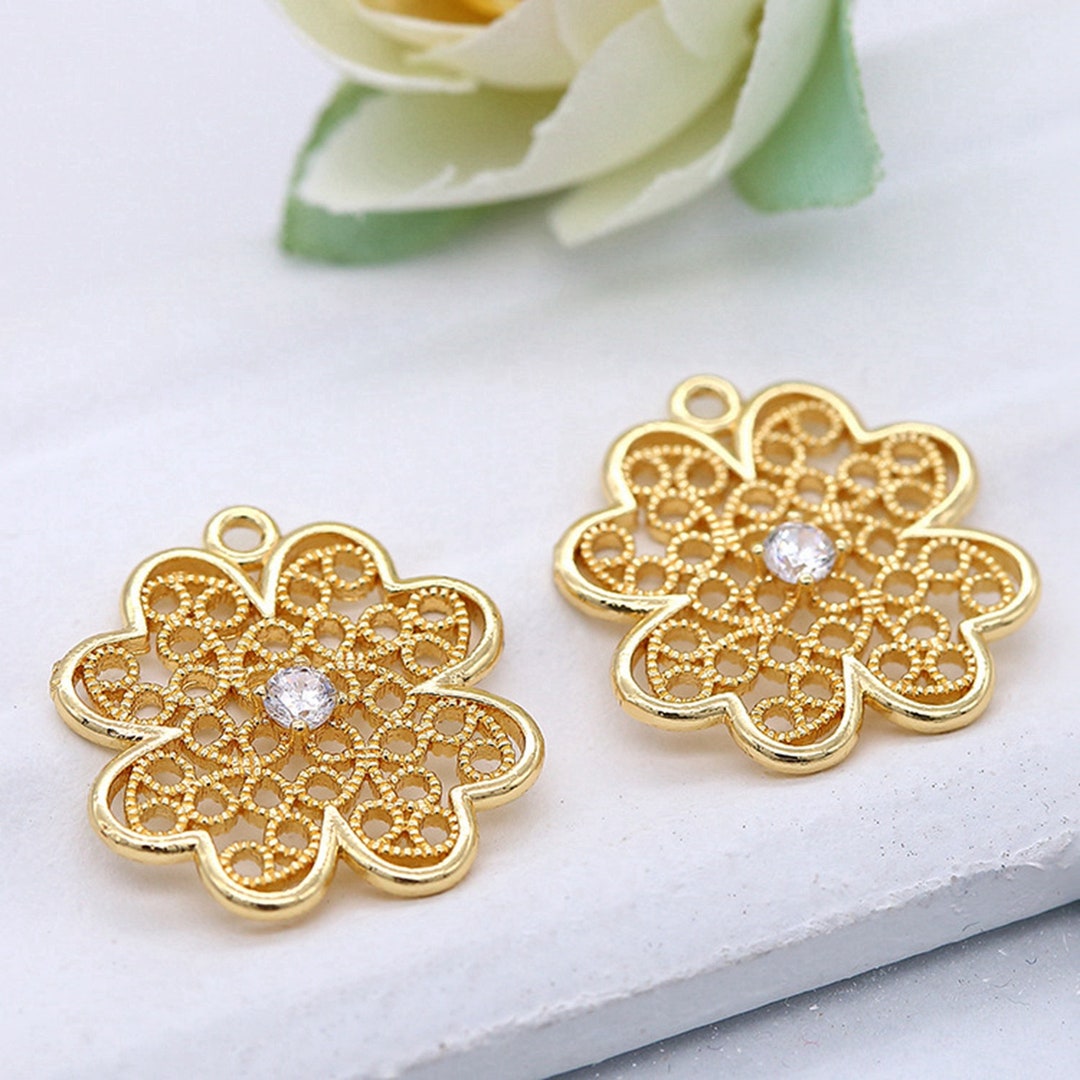 2PCS 18K Gold Plated Charm Pendant, Cubic Zirconia Micro