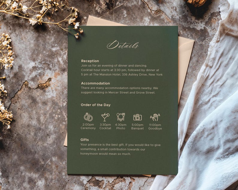May include: A dark green wedding invitation with elegant script and event details. The invitation includes information about the reception, accommodation, order of the day, and gift preferences. The invitation is placed on a textured surface with floral accents.