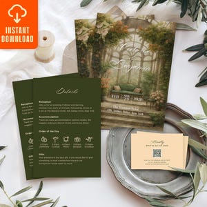 May include: Wedding invitation suite featuring a main invitation with a scenic illustration, details card, and RSVP card. The main invitation has the names "Victoria & Benjamin" and the date "FEB 29 2020". The details card is dark green with event information.
