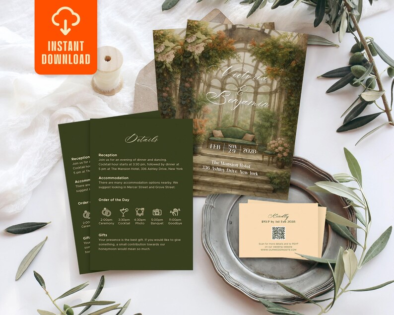 May include: Wedding invitation suite featuring a main invitation with a scenic illustration, details card, and RSVP card. The main invitation has the names "Victoria & Benjamin" and the date "FEB 29 2020". The details card is dark green with event information.