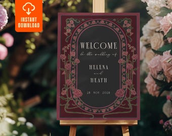 May include: A burgundy wedding welcome sign with floral accents and the words "WELCOME to the wedding of HELENA and HEATH 28 NOV 2020" in white. The sign is on an easel with an orange "INSTANT DOWNLOAD" icon.