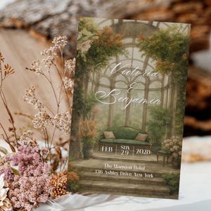 May include: A wedding invitation featuring the names "Victoria & Benjamin" in elegant script. The design showcases a watercolor illustration of a conservatory with a green sofa, plants, and the date "FEB 29 2028". The Mansion Hotel address is also included.