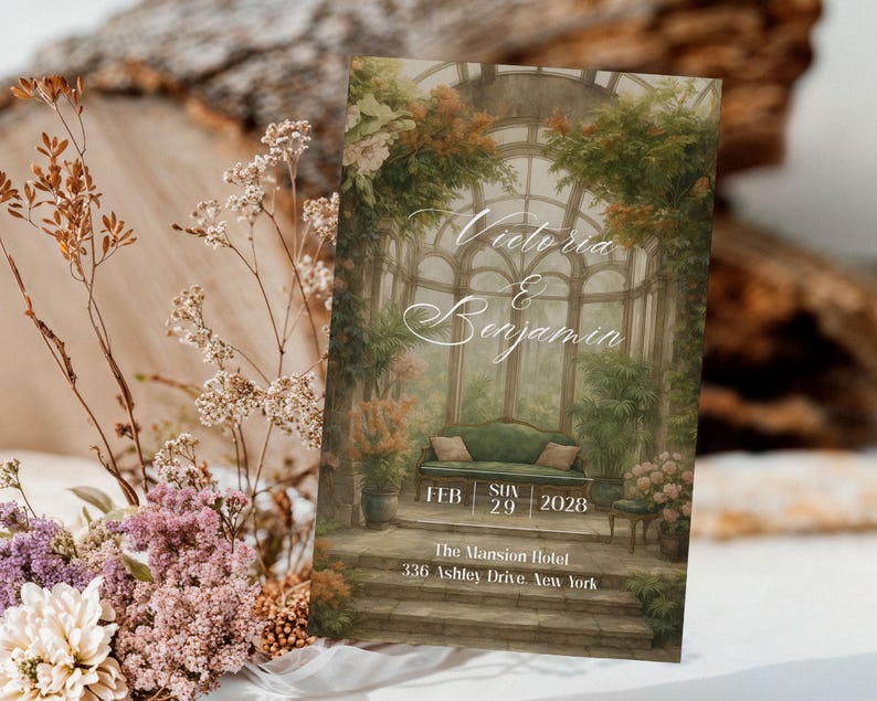 May include: A wedding invitation featuring the names "Victoria & Benjamin" in elegant script. The design showcases a watercolor illustration of a conservatory with a green sofa, plants, and the date "FEB 29 2028". The Mansion Hotel address is also included.