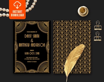 Puede incluir: Una invitación de boda negra y dorada con un diseño art déco. La invitación presenta los nombres "Daisy Smith & Matthew Anderson" y la fecha "18th Oct | 3PM".