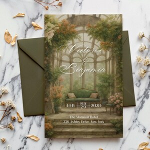 May include: A wedding invitation with a watercolor illustration of a conservatory, featuring the names "Victoria & Benjamin" in elegant script. The date is February 29, 2028, at The Mansion Hotel, 336 Ashley Drive, New York. An olive green envelope is included.