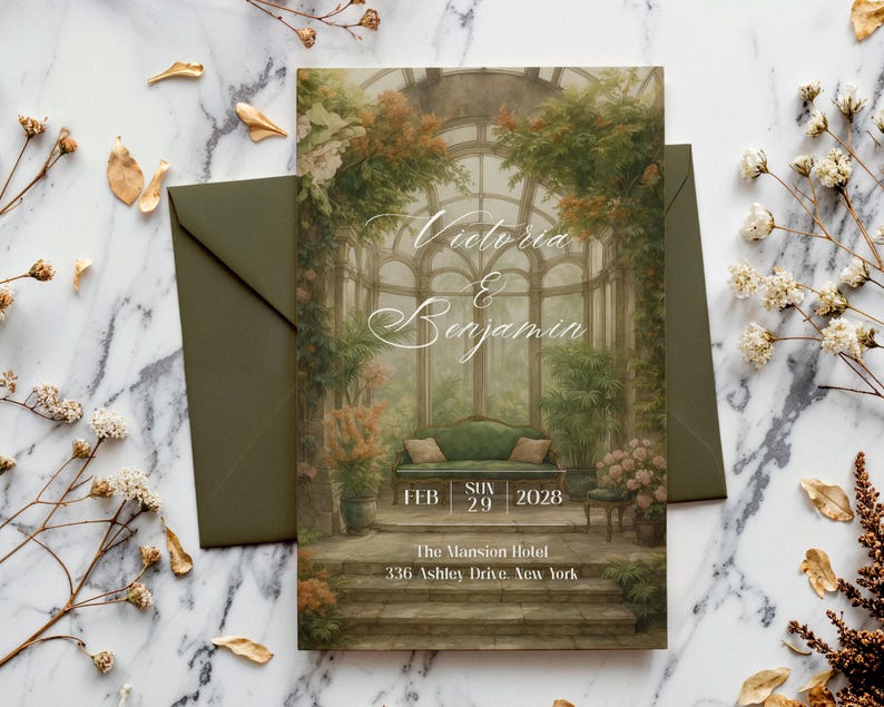 May include: A wedding invitation with a watercolor illustration of a conservatory, featuring the names "Victoria & Benjamin" in elegant script. The date is February 29, 2028, at The Mansion Hotel, 336 Ashley Drive, New York. An olive green envelope is included.