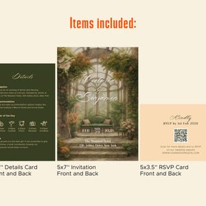 May include: Wedding invitation suite featuring a 5x7" invitation, a 4x6" details card, and a 5x3.5" RSVP card. The invitation has a romantic garden scene with the names "Victoria & Benjamin". The RSVP card includes a QR code.