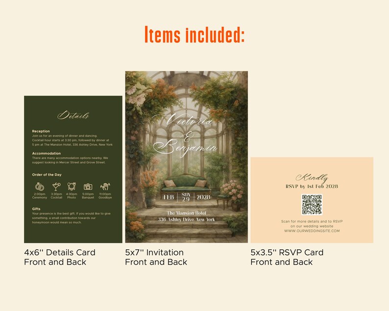 May include: Wedding invitation suite featuring a 5x7" invitation, a 4x6" details card, and a 5x3.5" RSVP card. The invitation has a romantic garden scene with the names "Victoria & Benjamin". The RSVP card includes a QR code.