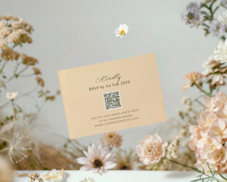 May include: A light beige wedding invitation card with elegant script and a QR code. The text reads "Kindly RSVP by 1st Feb 2028" and includes a website address. The card is surrounded by soft, neutral-toned flowers.