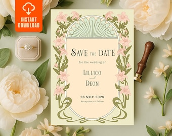 May include: A wedding invitation with the text "Save the Date" in an Art Nouveau style. The invitation is decorated with pink flowers and green vines. A diamond ring in a beige box and a wax seal are also visible.