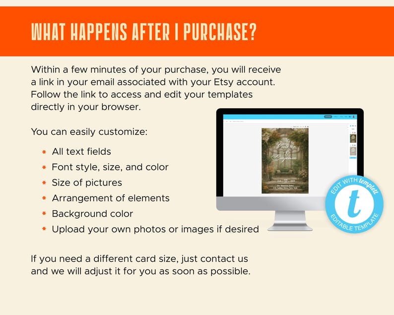 May include: An orange banner with the text "WHAT HAPPENS AFTER I PURCHASE?" is above a computer screen displaying a template. The text below explains how to customize the template, including text fields, font, size, color, and background.
