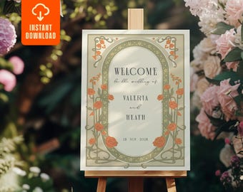 Vintage Art Nouveau Wedding Welcome Sign | Editable Template, Printable Poster, Elegant Wedding Decor