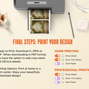 May include: A printer is shown with two printed images. The text "FINAL STEPS: PRINT YOUR DESIGN" is displayed. Instructions for home and professional printing are included, with options for bleed and trim marks.