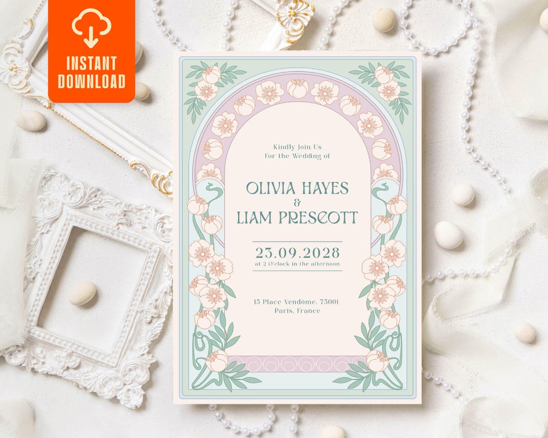 Art Nouveau Victorian Wedding Invitation Template, Vintage Printable ...