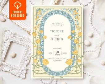 May include: A vintage-style wedding invitation with a cream background, adorned with yellow roses and blue floral accents. The text reads "VICTORIA and MICHAEL" with the date June 28, 2025, and "The Royal Botanic Garden Melbourne". An orange "INSTANT DOWNLOAD" icon is in the top left.