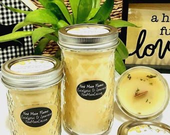 100% Beeswax Eucalyptus & Spearmint Candles with Crackling Wood Wicks / Allergy-Friendly / Use Indoors and Outdoors / Handmade / Mason Jar