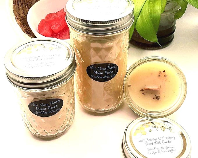 Melon Peach Beeswax Candles w/Crackling Wood Wick: Allergy-Friendly, Handmade, Quilted Mason Jar