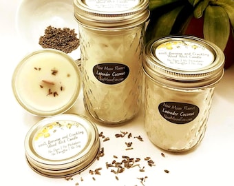 Lavender Coconut Beeswax Candles w/Crackling Wood Wick: Handmade, Allergy-Friendly, Quilted Mason Jar