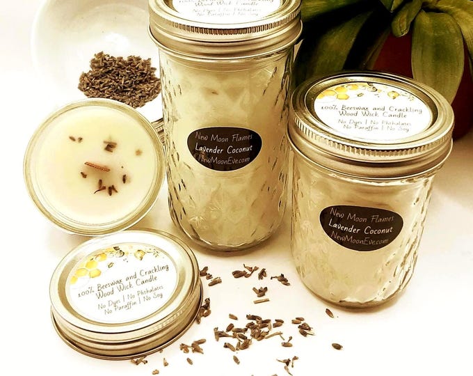 Lavender Coconut Beeswax Candles w/Crackling Wood Wick: Handmade, Allergy-Friendly, Quilted Mason Jar
