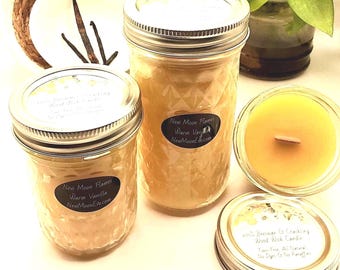 Warm Vanilla Beeswax Candles w/Crackling Wood Wick: Handmade, Allergy-Friendly, Quilted Mason Jar
