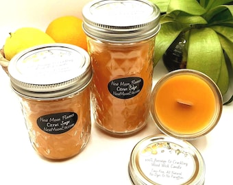 Citrus Sage Beeswax Candles w/Crackling Wood Wick: Handmade, Allergy-Friendly, Quilted Mason Jar