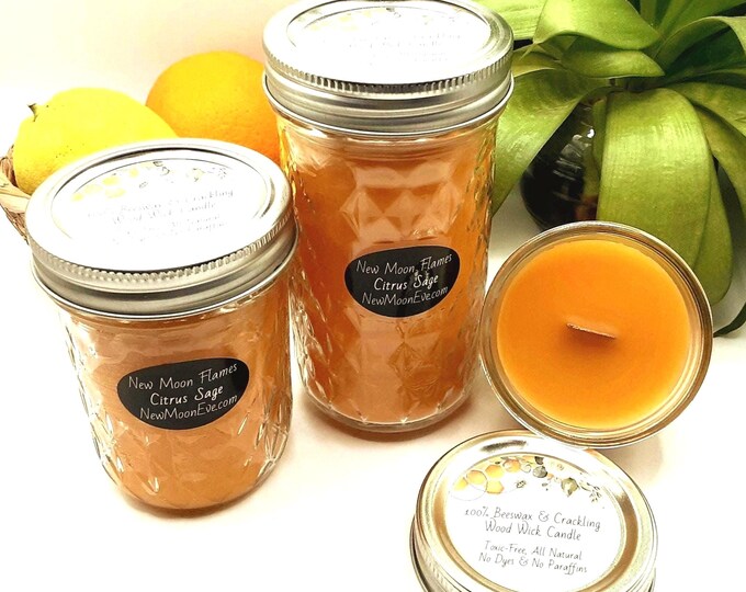 Citrus Sage Beeswax Candles w/Crackling Wood Wick: Handmade, Allergy-Friendly, Quilted Mason Jar