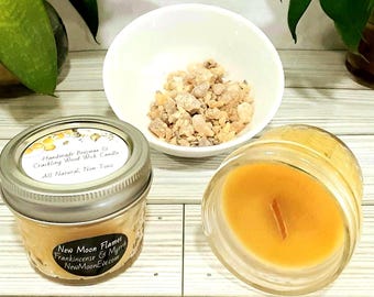 Frankincense & Myrrh Beeswax Candles w/Crackling Wood Wicks: Handmade, Allergy-Friendly, Quilted Mason Jar