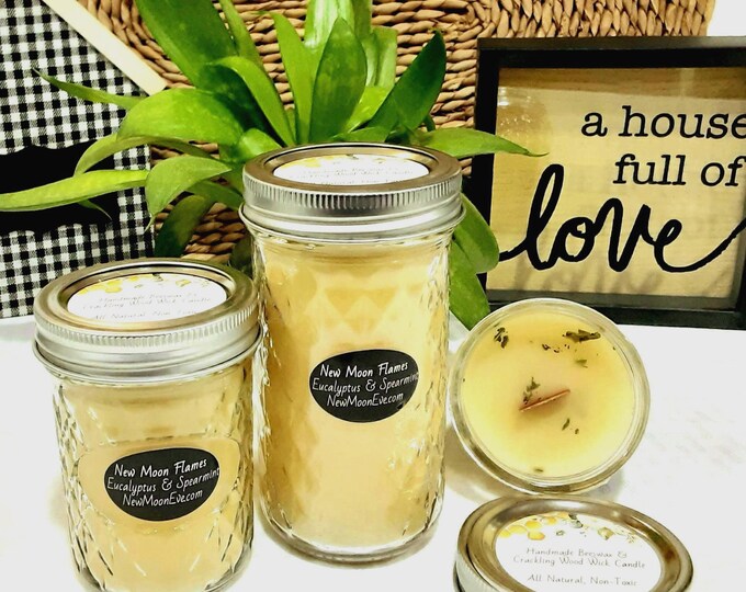 100% Beeswax Eucalyptus & Spearmint Candles with Crackling Wood Wicks / Allergy-Friendly / Use Indoors and Outdoors / Handmade / Mason Jar