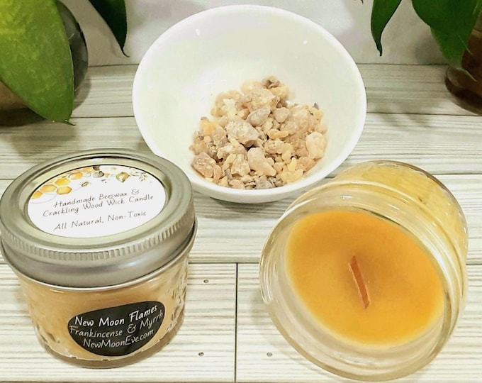 100% Beeswax Frankincense & Myrrh Candles with Crackling Wood Wicks / Use Indoors and Outdoors / Allergy-Friendly / Handmade / Mason Jar