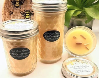 100% Beeswax Citronella Lemongrass Candles with Crackling Wood Wicks / Indoor and Outdoor Insect Repellant / Handmade / Quilted Mason Jars