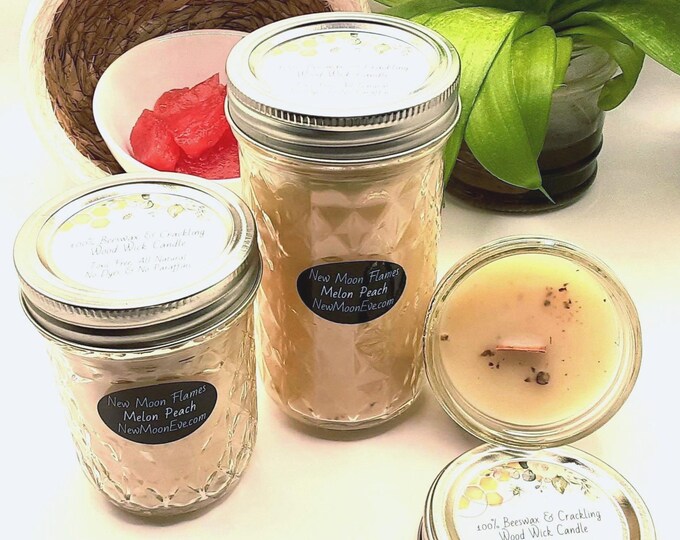 100% Beeswax Melon Peach Candles with Crackling Wood Wick / Allergy-Friendly / Use Indoors and Outdoors / Handmade / Quilted Mason Jar