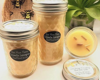 100% Beeswax Citronella Lemongrass Candles with Crackling Wood Wicks / Indoor and Outdoor Insect Repellant / Handmade / Quilted Mason Jars