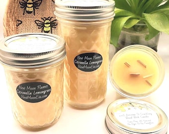 Citronella Lemongrass Beeswax Candles w/Crackling Wood Wick: Natural Insect Repellant, Handmade, Quilted Mason Jar