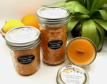 100% Beeswax Citrus Sage Candles with Crackling Wood Wicks / Allergy-Friendly / Use Indoors and Outdoors / Handmade / Quilted Mason Jar
