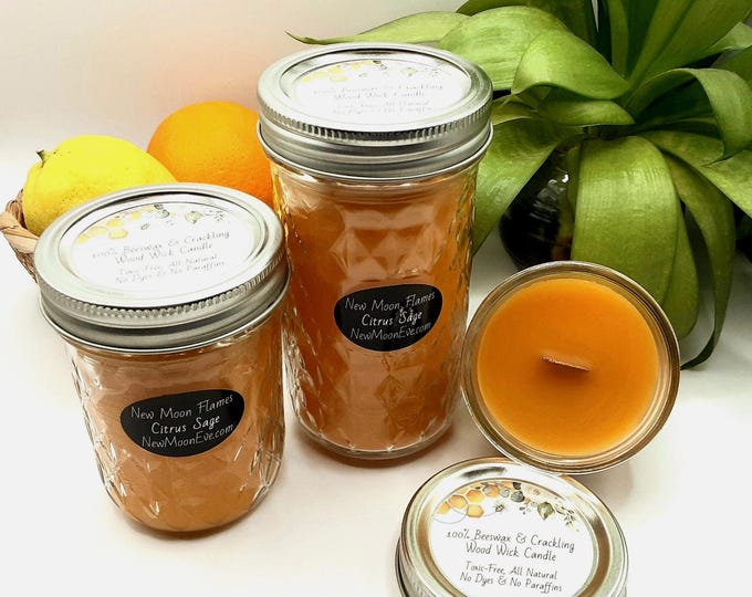 100% Beeswax Citrus Sage Candles with Crackling Wood Wicks / Allergy-Friendly / Use Indoors and Outdoors / Handmade / Quilted Mason Jar