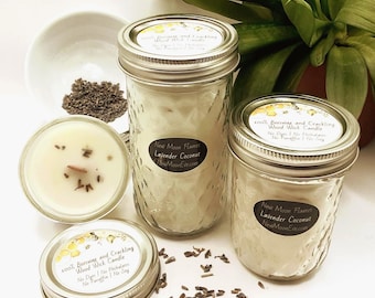 100% Beeswax Lavender Coconut Candles with Crackling Wood Wick / Use Indoors and Outdoors / Allergy-Friendly / Handmade / Quilted Mason Jars