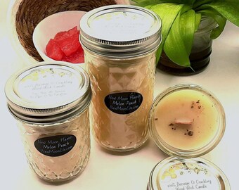 100% Beeswax Melon Peach Candles with Crackling Wood Wick / Allergy-Friendly / Use Indoors and Outdoors / Handmade / Quilted Mason Jar