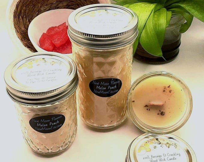 100% Beeswax Melon Peach Candles with Crackling Wood Wick / Allergy-Friendly / Use Indoors and Outdoors / Handmade / Quilted Mason Jar
