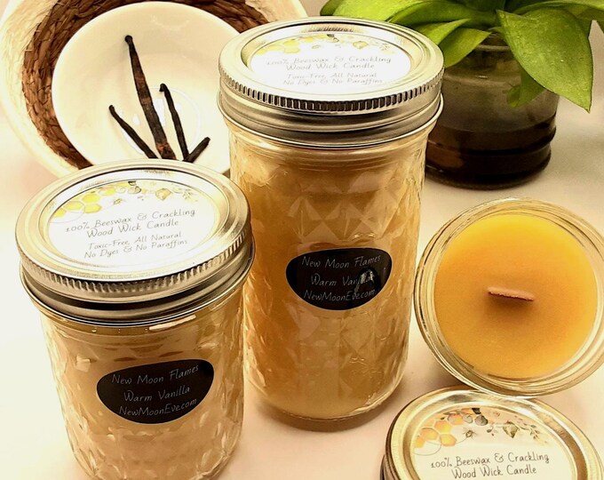 100% Beeswax Warm Vanilla Candles with Crackling Wood Wicks / Allergy-Friendly / Use Indoors and Outdoors / Handmade / Quilted Mason Jar
