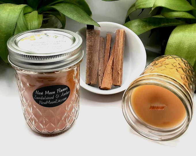 100% Beeswax Sandalwood & Amber Candles with Crackling Wood Wicks / Allergy-Friendly / Use Indoors and Outdoors / Handmade / Mason Jars