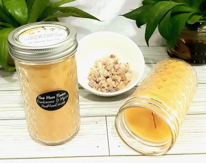 Frankincense & Myrrh Beeswax Candles w/Crackling Wood Wicks: Handmade, Allergy-Friendly, Quilted Mason Jar