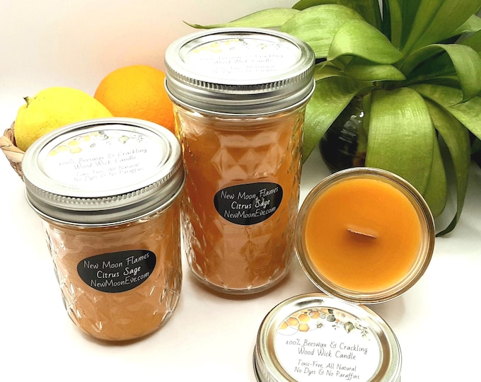 100% Beeswax Citrus Sage Candles with Crackling Wood Wicks / Allergy-Friendly / Use Indoors and Outdoors / Handmade / Quilted Mason Jar