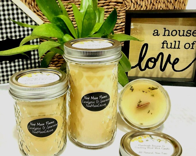 100% Beeswax Eucalyptus & Spearmint Candles with Crackling Wood Wicks / Allergy-Friendly / Use Indoors and Outdoors / Handmade / Mason Jar