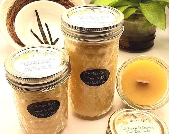 100% Beeswax Warm Vanilla Candles with Crackling Wood Wicks / Allergy-Friendly / Use Indoors and Outdoors / Handmade / Quilted Mason Jar