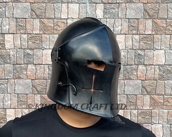 Mittelalterlicher Ritter-Schwarzer Barbuta-Helm mit funktionalem Visier Tragbarer Helm ohne Ständer