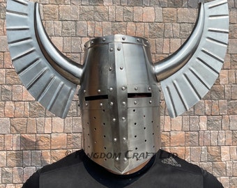 Capacete Medieval Teutônico com Crista e Asas, Capacete de Guerreiro Templário Fantasia, Capacete de Chifre do Grande Templário com Suporte de Exibição