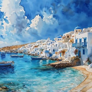 Watercolor painting of Mykonos, Greece